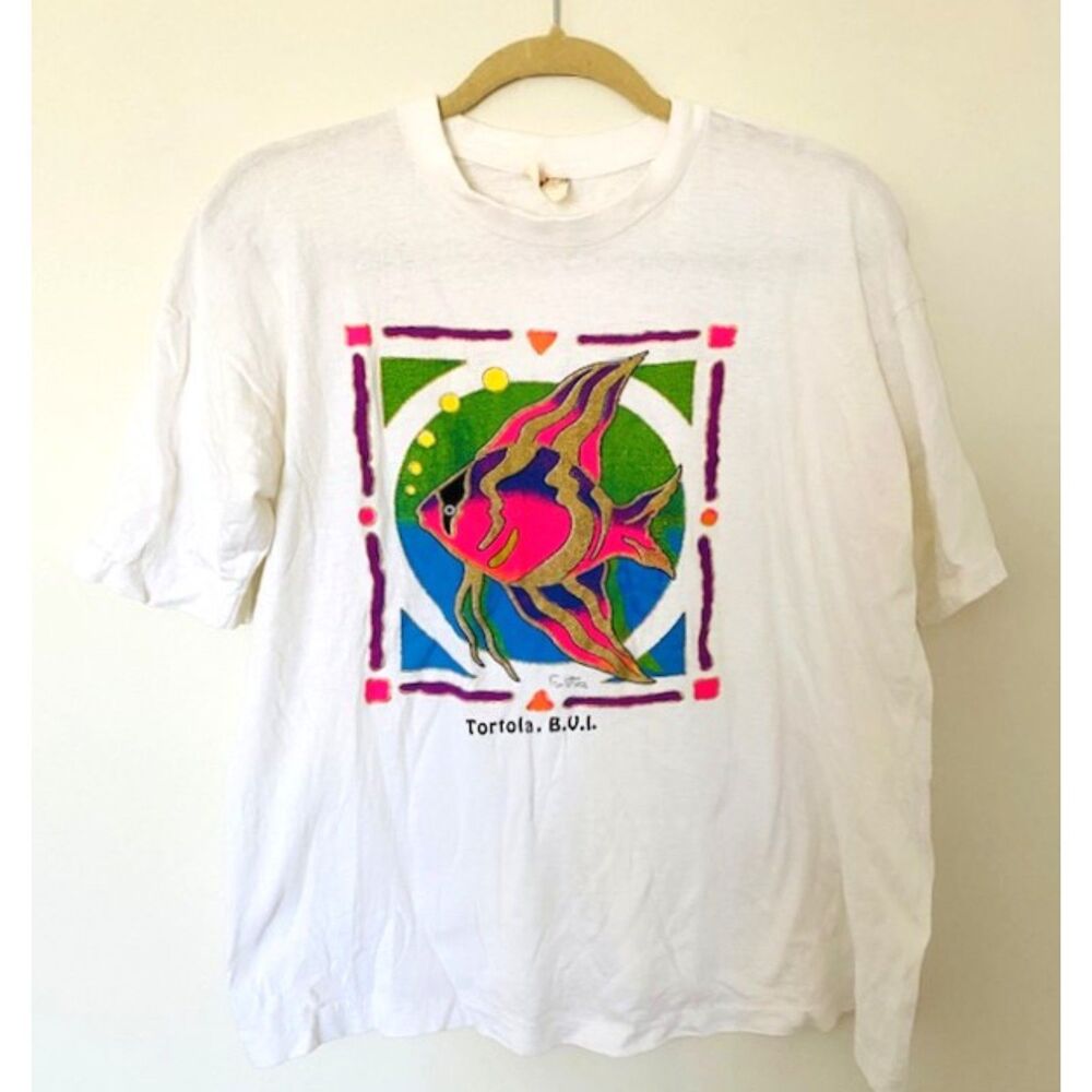 VTG  Pacific 90s Single Stitch Vibrant Fish Logo Tortola Short Sleeve Tee L